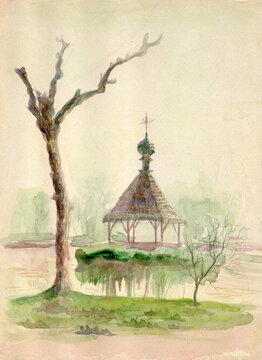 Watercolor painting landscape.Wooden gazebo in a monastery with a hipped shingle roof, on an island on a lake in a spring forest