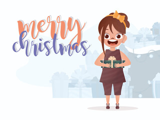 A little girl is holding a gift in her hands. New Year's poster. Cartoon style.