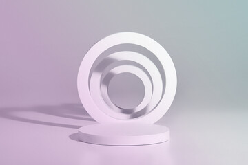 Obraz premium Cylindrical platform with vertical rings for product presentation on gray background