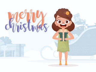 A cute little girl is holding a gift box. New Year banner. Flat style.