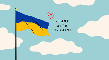 Ukrainian flag waving in the wind on a cloudy sky. Blue Yellow flag. Stand with Ukraine. Save Ukraine from russia. Stop war. Hand drawn modern Vector illustration. Symbol of freedom and independence