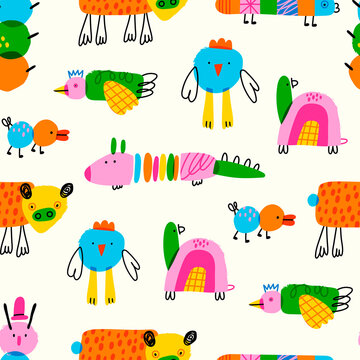 Various strange quirky creatures. Abstract monsters or fantastic animals. Cute disproportionate characters. Hand drawn trendy Vector seamless Pattern. Background, wallpaper. Childish drawing style