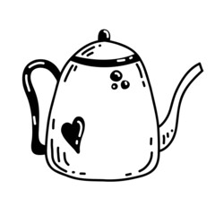 Hand drawn Teapot in Doodle style. Vector illustration of Kettle for tea. Cute sketch