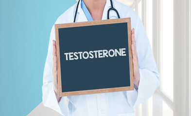 Testosterone - Doctor shows information on blackboard.Doctor holding chalkboard with text. - obrazy, fototapety, plakaty