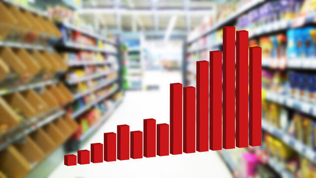 Growing business red 3d graph chart on blurred supermarket background. Price grocery rises. Inflation and crisis concept. Retail industry. Finance and Economy. Graphic statistics. Shopping. Recession.