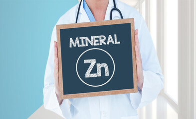 Mineral Zn - Doctor shows information on blackboard.Doctor holding chalkboard with text.