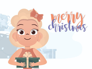 A little girl is holding a gift box. New Year banner. Flat style.