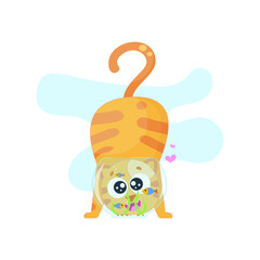 Curious cat is admiring fish. Cat vector illustration in flat style.