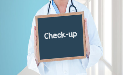Check-up -Doctor shows information on blackboard.Doctor holding chalkboard with text.