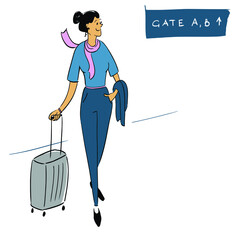 Woman with suitcase in airport.  Vector illustration eps 10 on white background