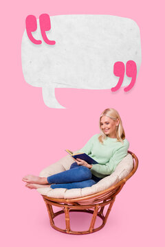 Vertical view collage of attractive cheerful woman reading book pastime copy space quote isolated over pink color background