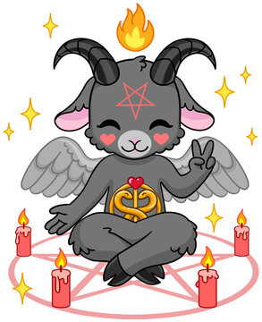 Baphomet with pentagram and candles. Goat as occult satanic symbol. Isolated vector outline for coloring book