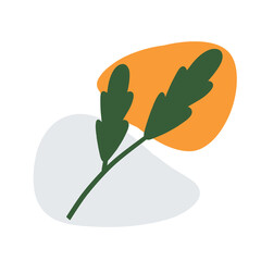 Plant on background of colored spots. Green botanical branch and orange and gray geometric abstract pattern in a minimalist style. Doodle object