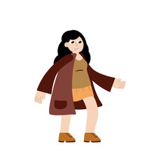 Woman in coat. Female character in casual autumn clothes. Girl walking. Flat trendy cartoon illustration