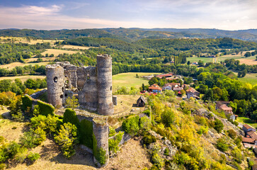 Fototapeta na wymiar Aerial view of the ruins of Domeyrat Castle in Auvergne, France