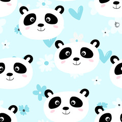 Seamless pattern with cute panda baby on color background. Funny asian animals. Card, postcards for kids. Flat vector illustration for fabric, textile, wallpaper, poster, gift wrapping paper.