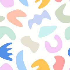 Modern abstract shapes seamless pattern. 90s nostalgic vector background. Hand drawn fluid objects colorful illustration. Trendy print for fabric, paper, stationery