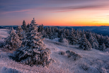 Scenic wintry landscape with colorful sky over the Appalachian Mountains from Roan Mountain State Park in Tennessee