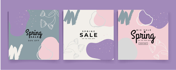 Spring season floral square cover template. Set of banner design with flowers, leaves and branch in line art pattern. Watercolor blossom for social media post, internet, ads, business. © semarjowodesign