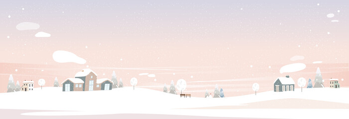 Winter wonderland background,Vector banner with copy space for Christmas, New Year celebration backdrop.Cute Panorama Winter Mountain landscape with house, pine tree on hill in pastel pink purple sky