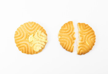 yellow biscuit isolated on white background, Top view