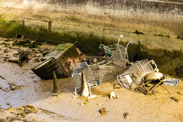 A collection of abandoned shopping trollies, traffic cones, a tyre and a large bin, in the mud...