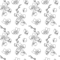 Seamless pattern with one single line drawings of orchid flowers. Black line on whte background.