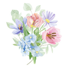 Watercolor floral bouquet illustration with tulips, wildflowers, green leaves, for wedding stationery, greeting card, baby shower, banner, logo design.