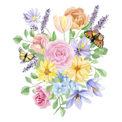 Watercolor floral bouquet illustration with crocus and lavender and tulips, wildflowers, green leaves, for wedding stationery, greeting card, baby shower, banner, logo design.