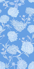 Fototapeta premium seamless pattern with delicate light airy blue lush peonies. Loved by all flowers of peonies in a new reading in heavenly gentle pastel tones. Beautiful elegant design for fabric