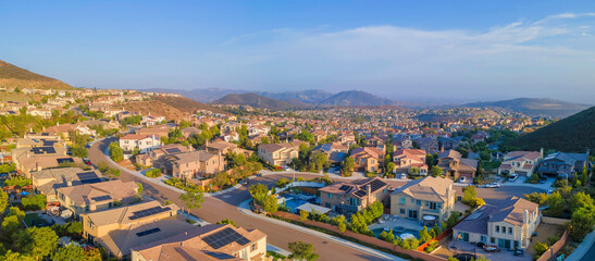Entire view of a residential area from Double Peak Park in San Marcos, California - obrazy, fototapety, plakaty