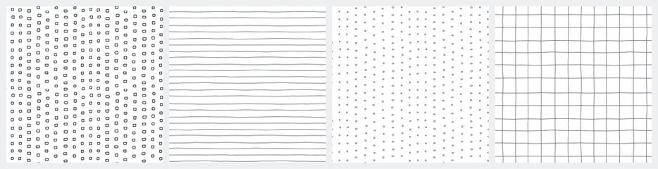 Minimal black and white seamless background set with neutral lines, grid and simple tiny shapes patterns.