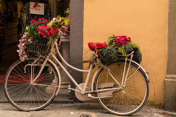 Fototapeta na wymiar old bicycle with front basket and flowers