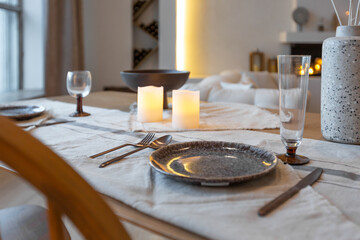 cozy warm home interior of a chic country house with an open plan, wood finishes, warm colors and a...