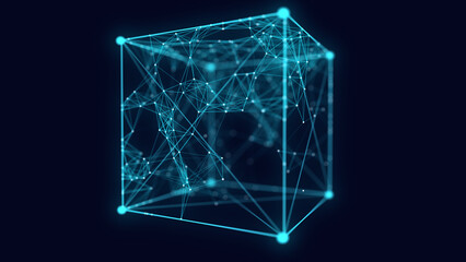 Cube of plexus lines. Technological structures. Digital blockchain concept and data transfer system. Abstract wireframe cube. 3d rendering.