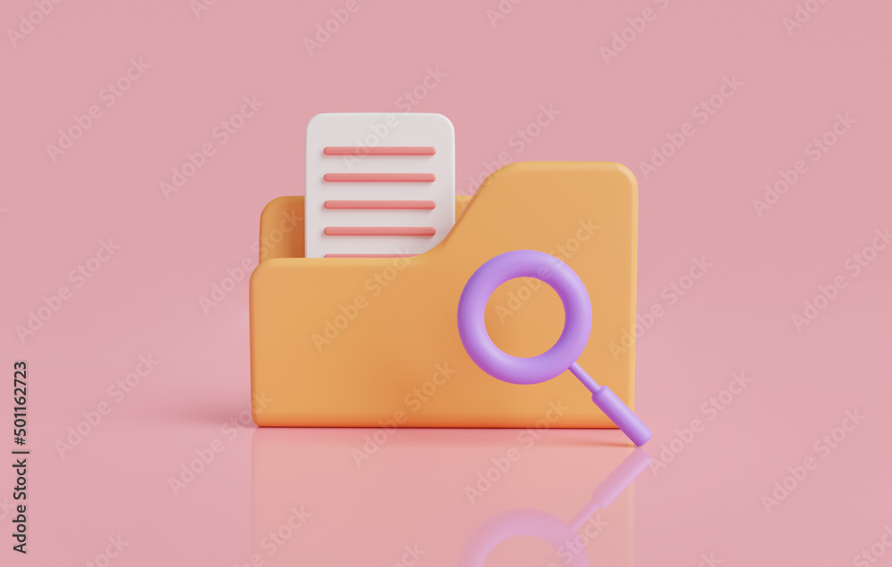 Poster magnifying glass and yellow folder with files document.concept of document search.data and informati