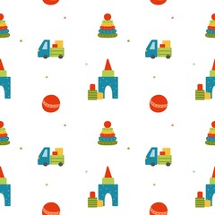 Seamless pattern with children's toys. Cartoon children's toy for boys and girls ball, car, pyramid and cubes. Vector illustration.