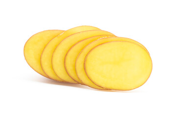 potato slice over on white background, front view