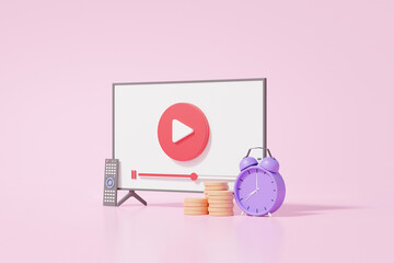 Tv modern playing on pink pastel background, Cartoon minimal, wireless media connection, internet online channel, video, lease monthly movies concept. 3d render illustration