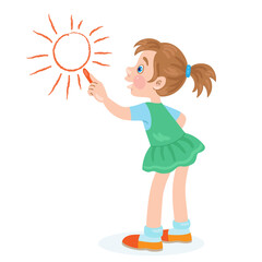 Cute little girl is painting the sun on the wall. In cartoon style. Isolated on white background. Vector illustration