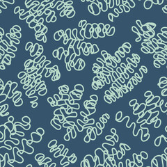 Abstract noodle shapes seamless pattern with chaotic green lines on navy background. Modern vector design for fashion fabric, home decor textile or product wrapping.