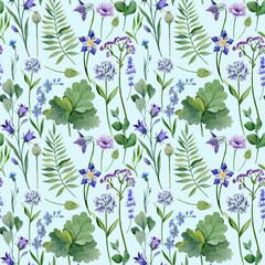 Meadow flower and leaves  seamless pattern