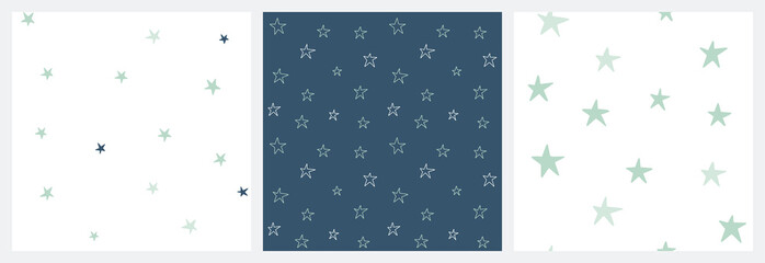 Baby boy seamless pattern with stars in night sky navy, spring green and white colors for bedding textile or clothing fabric.