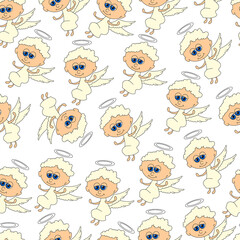 Seamless pattern with funny angels. Comic characters on a white background. Flat style, vector illustration.