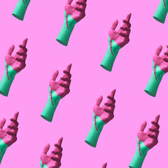 Modern art collage in pop-art style. Contemporary minimalistic artwork in neon bold colors with hands. Pink and green. Psychedelic design pattern.