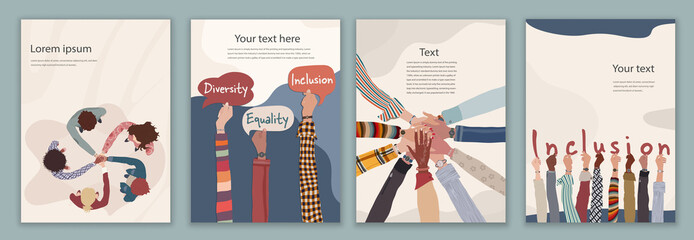 Fototapeta Diversity inclusion and equality concept. Group of multicultural men and women. People of diverse cultures forming a circle. Editable brochure template flyer leaflet cover poster. Hand up obraz