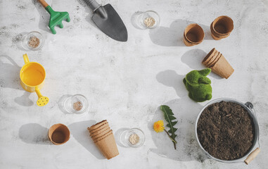 Fototapeta na wymiar Garden tools, yellow watering can, cardboard cups, decorative hare, chamomile, seeds and soil