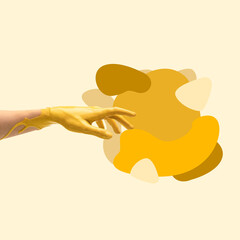 Collage with painted human hand gesturing isolated on light abstract background. Concept of human relation, symbolism, culture