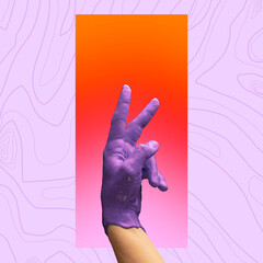 Human hand gesturing victory sign on colorful background. Modern design, contemporary art collage. Inspiration, idea, trendy urban magazine style.