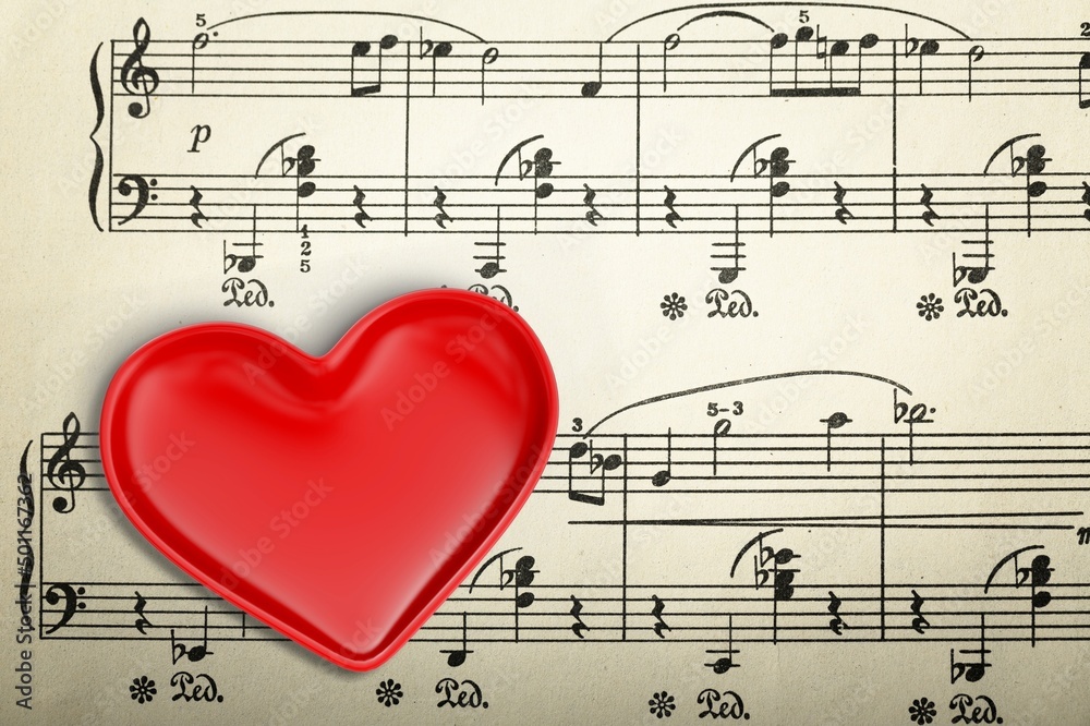 Sticker small red heart with musical notes. love to study music concept